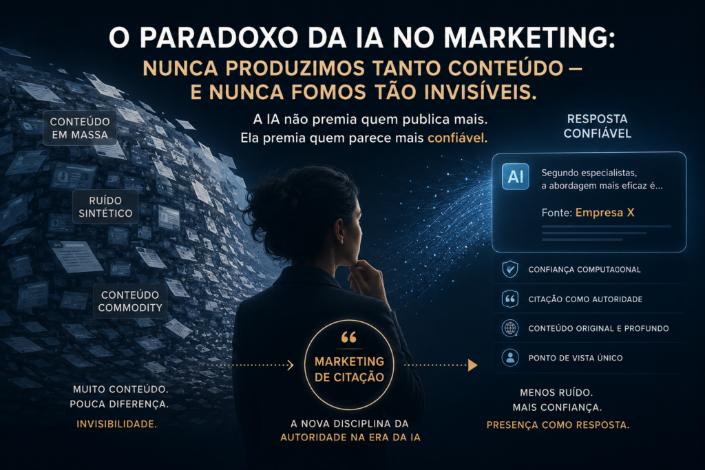 Imagem de marketing com o texto “O paradoxo da IA no marketing”, destacando que nunca se produz tanto conteúdo e nunca se fica tão invisível, com elementos sobre confiança e autoridade na criação com IA.