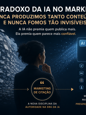 Imagem de marketing com o texto “O paradoxo da IA no marketing”, destacando que nunca se produz tanto conteúdo e nunca se fica tão invisível, com elementos sobre confiança e autoridade na criação com IA.